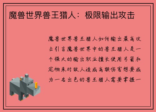 魔兽世界兽王猎人：极限输出攻击
